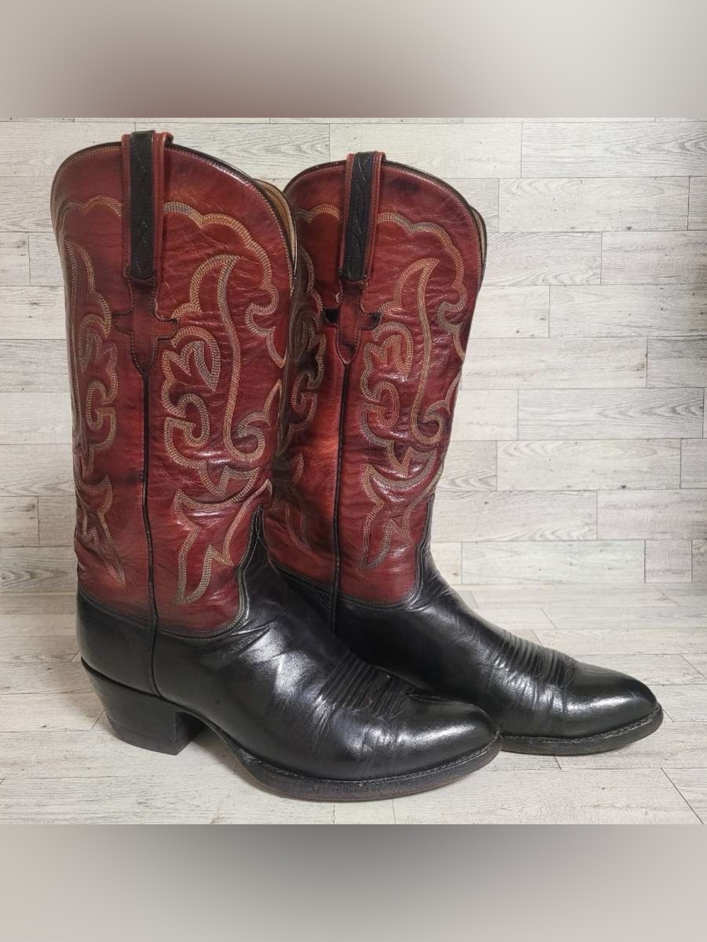 Men's Lucchese San Antonio Black Red Leather Vintage Rodeo Cowboy Boots Size 9